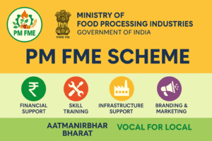 A vibrant banner featuring the PM FME Scheme logo, Ministry of Food Processing Industries (MoFPI) emblem, and the Aatmanirbhar Bharat and Vocal for Local slogans, depicting the scheme's key support areas.