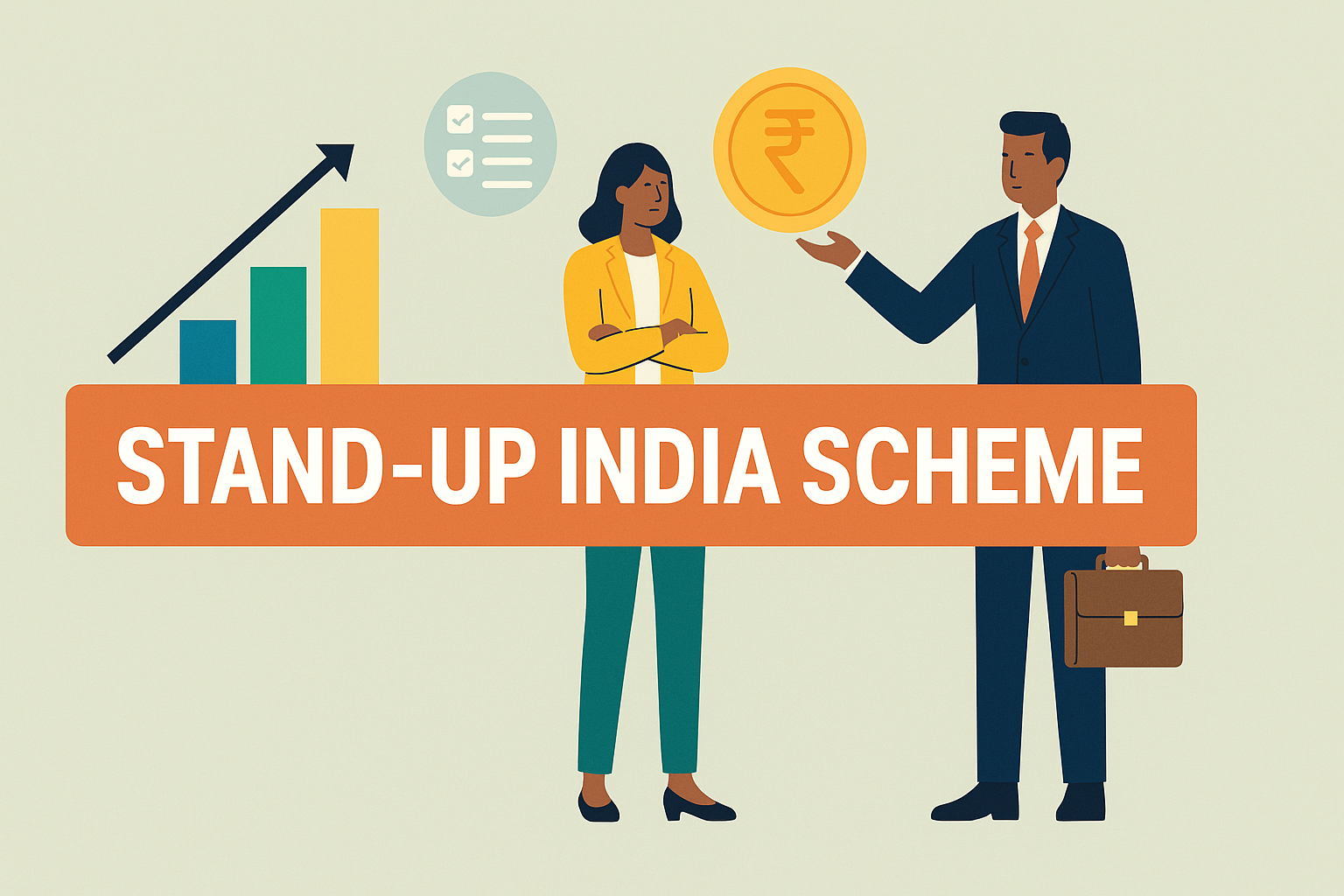 Illustration of Stand-Up India Scheme showing diverse entrepreneurs with upward growth chart and rupee coin