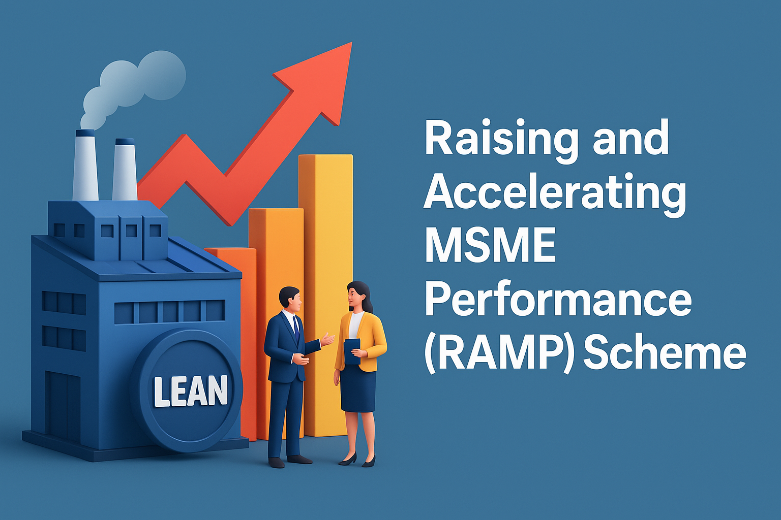 Diverse Indian professionals collaborating in a modern factory or office, with charts showing upward trends, symbolizing MSME growth and innovation.