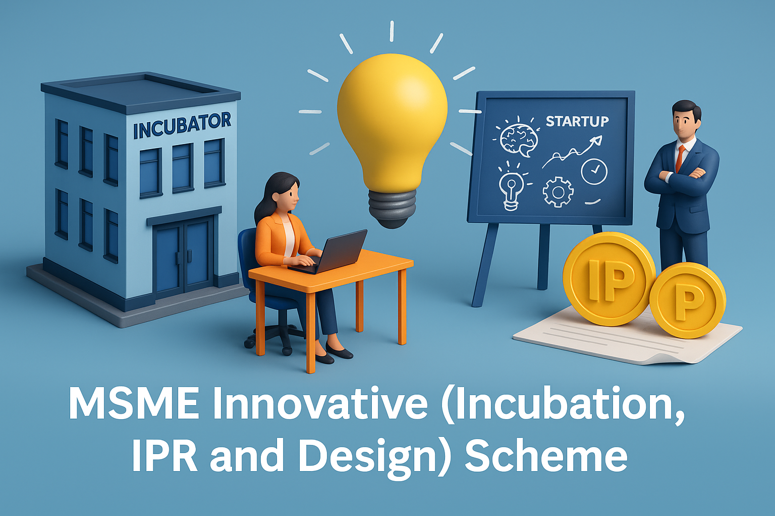 Indian entrepreneurs discussing a product prototype in a modern incubator, with design sketches and a patent document visible, representing MSME innovation.