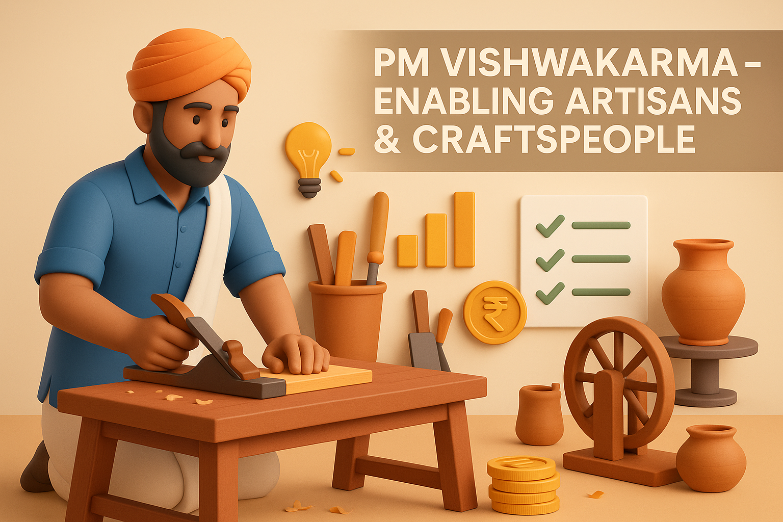 Diverse Indian artisans (e.g., carpenter, potter, goldsmith) using modern tools alongside traditional ones, depicting skill transfer and empowerment under the PM Vishwakarma Yojana.