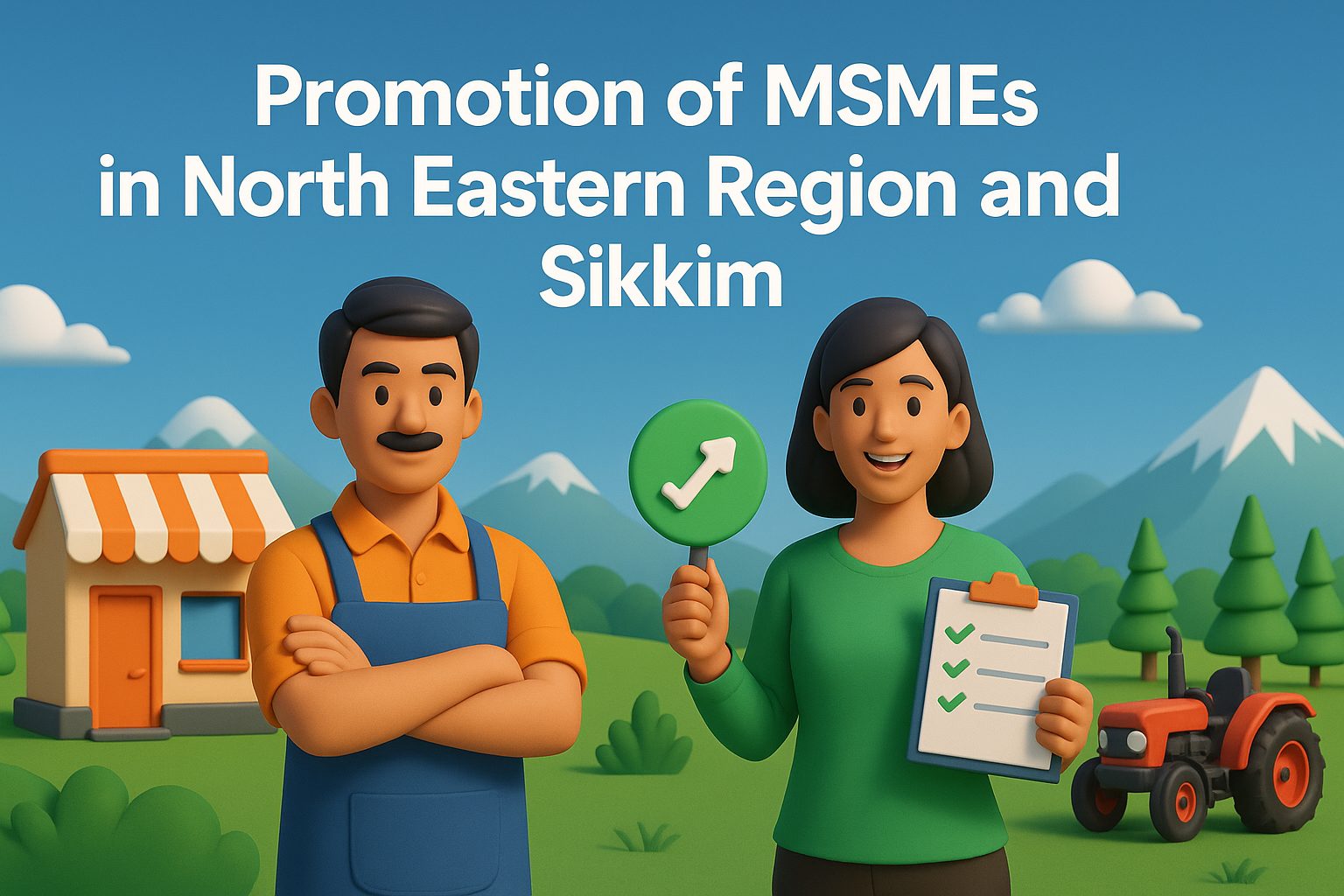 Diverse entrepreneurs from North East India (men and women, different ethnic backgrounds) collaborating in a modern industrial setting, with elements of traditional handicrafts or local produce visible.