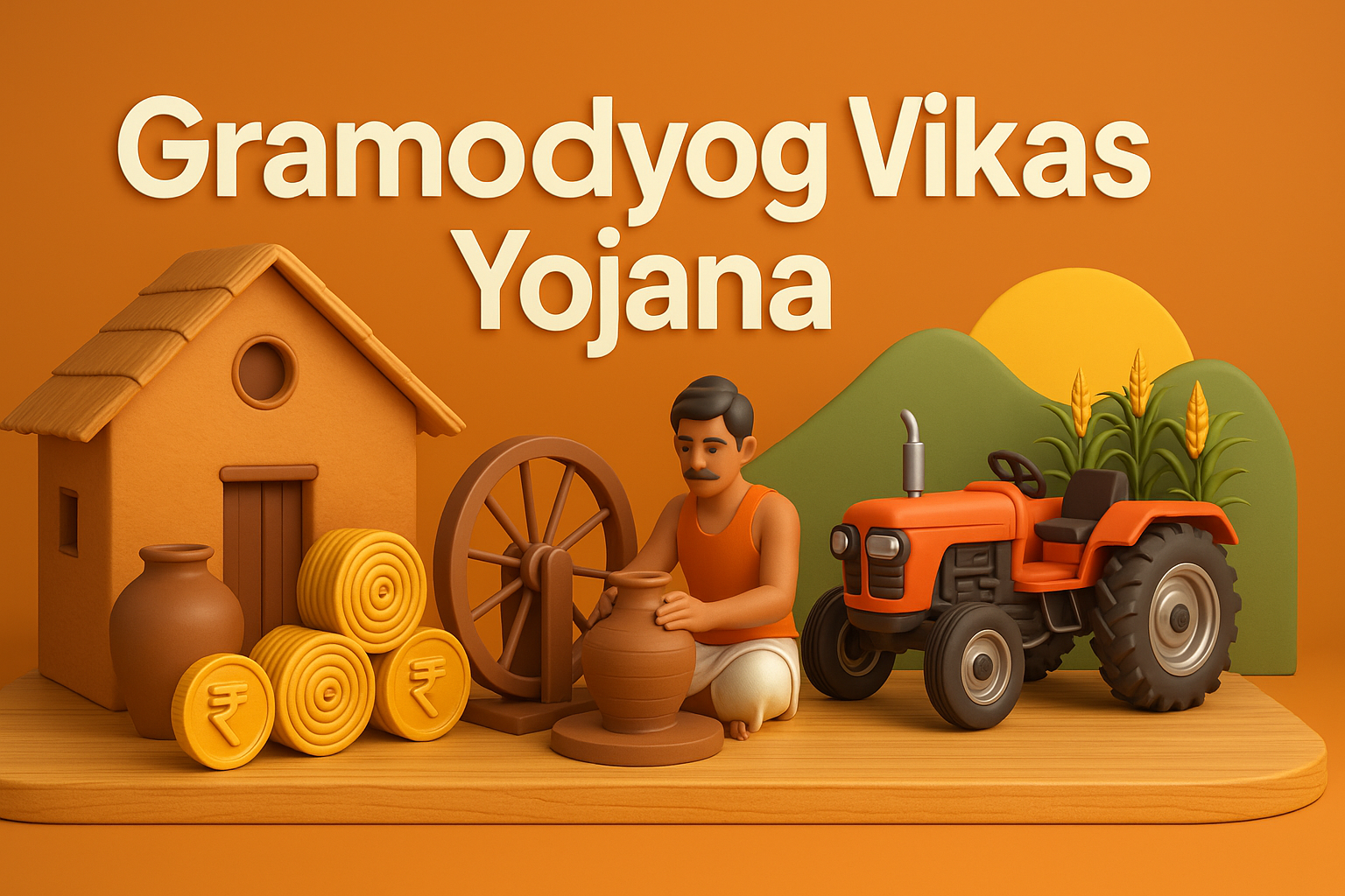 Diverse rural artisans (e.g., potter, beekeeper, textile maker) working with modern tools in a vibrant village setting, symbolizing traditional skills and modern technology.