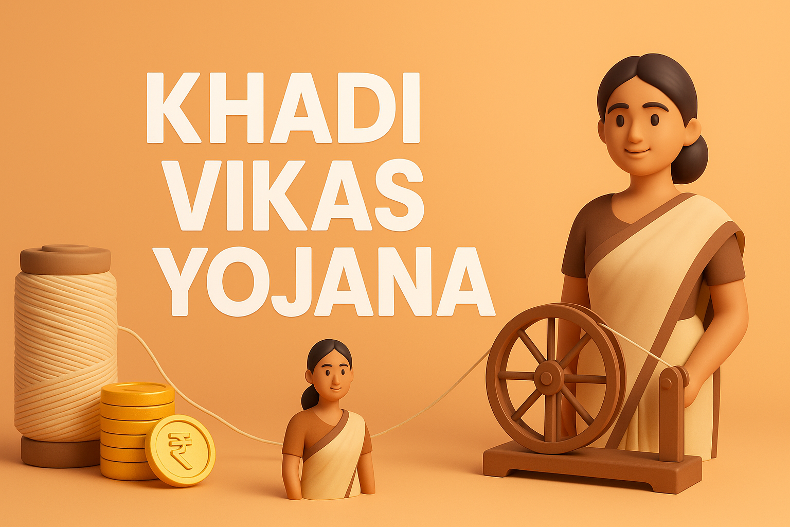 Artisans working on a modern charkha, with a backdrop of traditional Indian textiles and a subtly integrated digital interface.