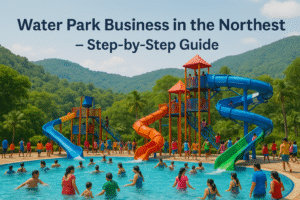 A vibrant water park with slides and pools, bustling with happy visitors in a scenic Northeast Indian setting.