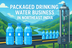 A modern packaged drinking water bottling plant with automated machinery, producing bottles of clean water in a vibrant Northeast Indian setting.