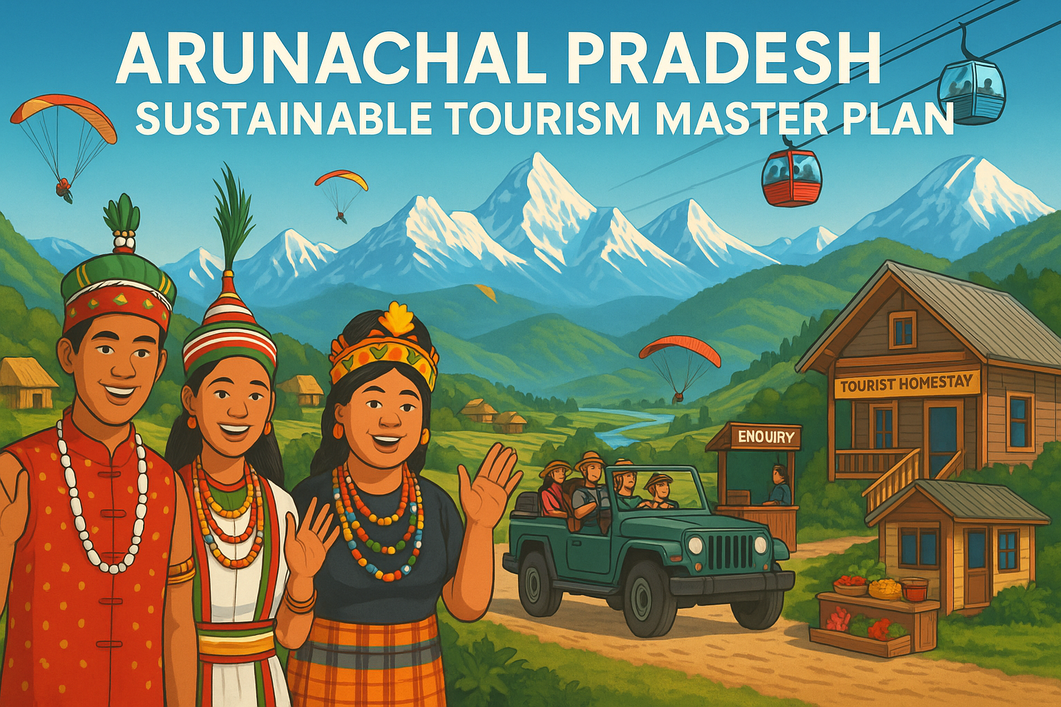 Illustration showing Arunachal Pradesh Sustainable Tourism Master Plan with cable ropeway, jeep safari, enquiry booth, traditional homestay, local fruits and pickles stall, paragliders, and Himalayan mountain backdrop.